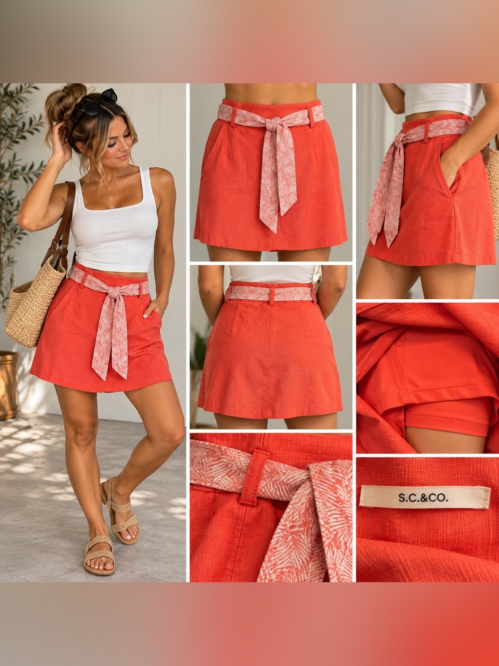 Style & Co Coral Skort Size 8 Belted Linen Blend Skirt Built-In Shorts